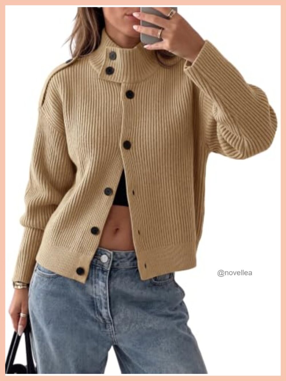 Chunky Knit Button Down Cardigan Sweater Jacket Mock Neck Long Sleeve Women